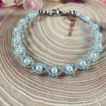 Bracelet, made with Sky Blue Hydro beads, Pearl white and Silver Seed beads Finishing - Fatatun