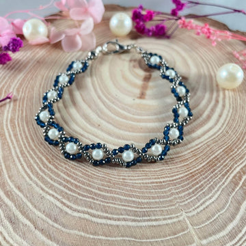 Bracelet, made with Navy blue Hydro beads, Pearl white and Silver Seed beads Finishing - Fatatun