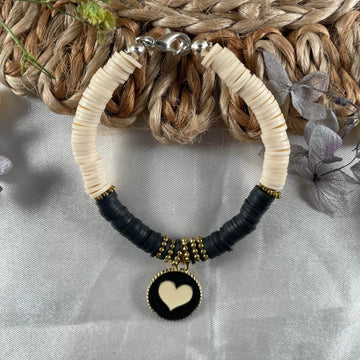 Premium cream and black fimo bead bracelet with heart charm - Fatatun