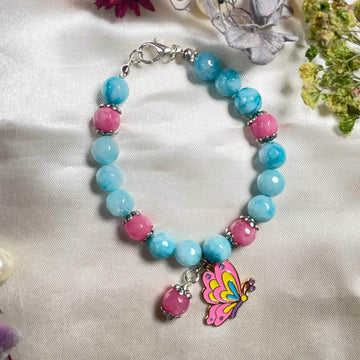 Real agates stone blue and pink bracelet with butterfly charm - Fatatun