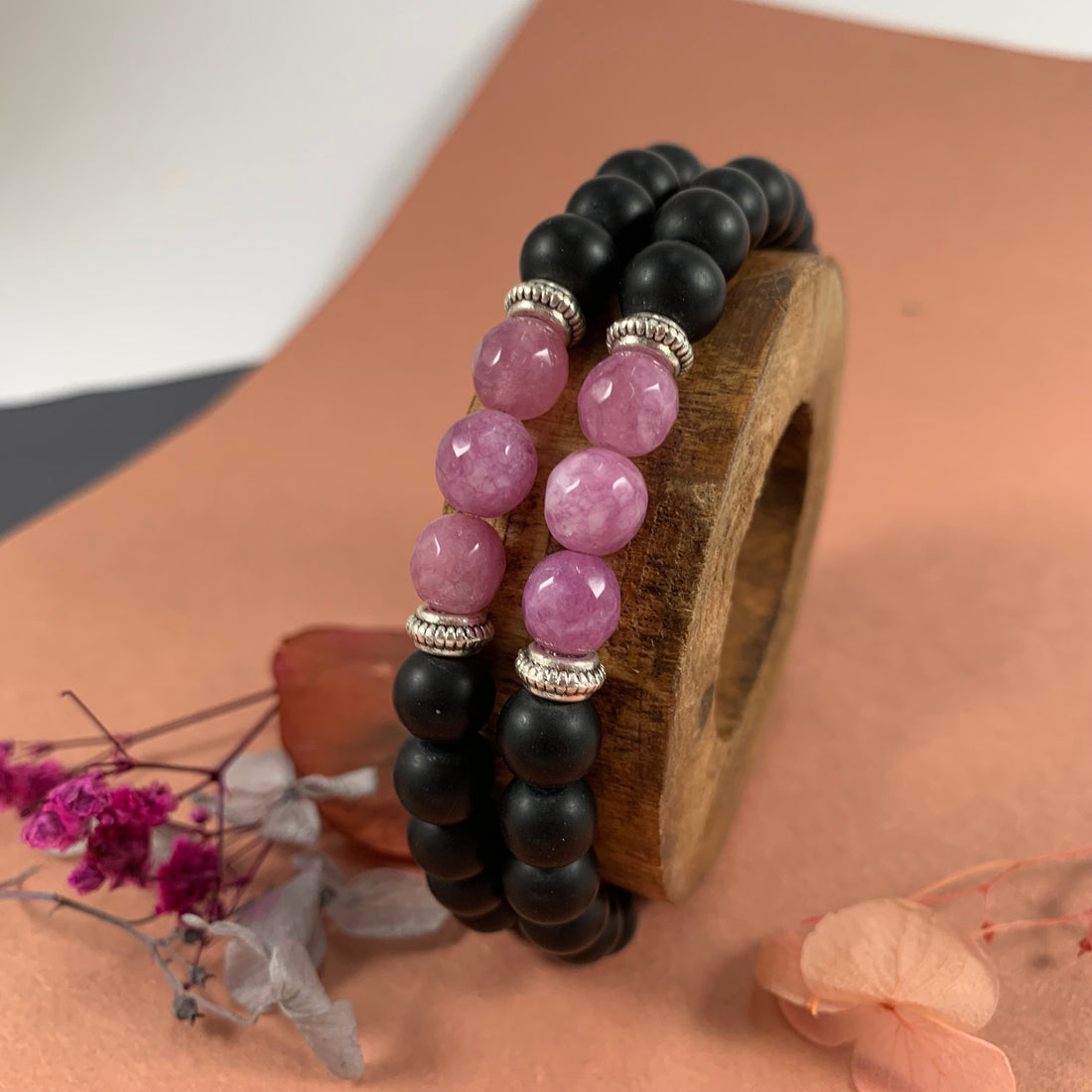 combo bracelet with real lava and Lavender real agates beads