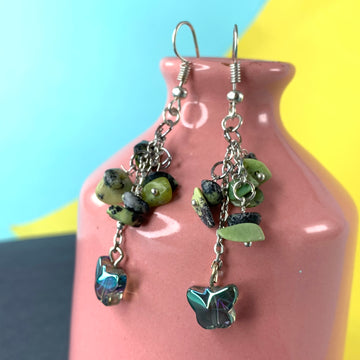 Greenish and radium glass butterfly charm with chip beads earrings