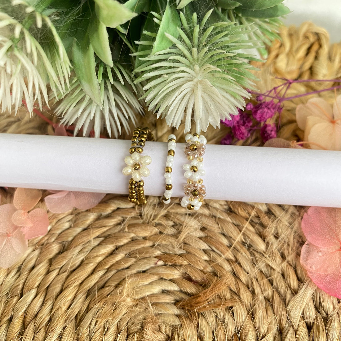 Off white pearl and rusty golden bead rings set of 3