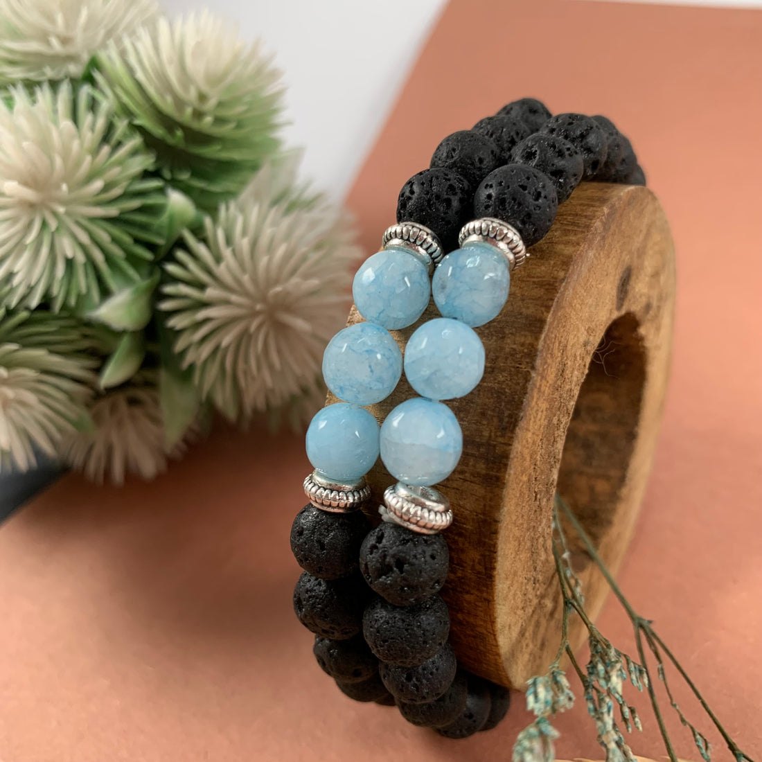 Lava combo bracelet with real lava and Blue real agates beads