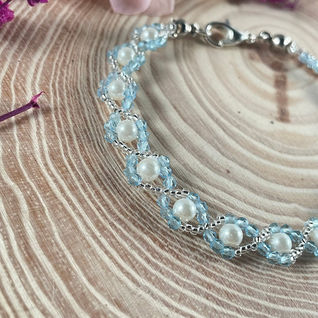 Bracelet, made with Sky Blue Hydro beads, Pearl white and Silver Seed beads Finishing