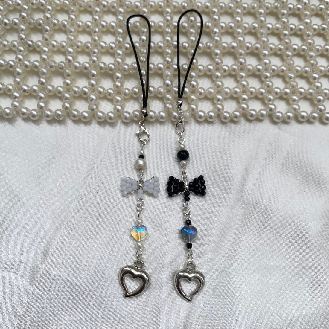 Phone Charms | Beaded handmade bow with crystal heart