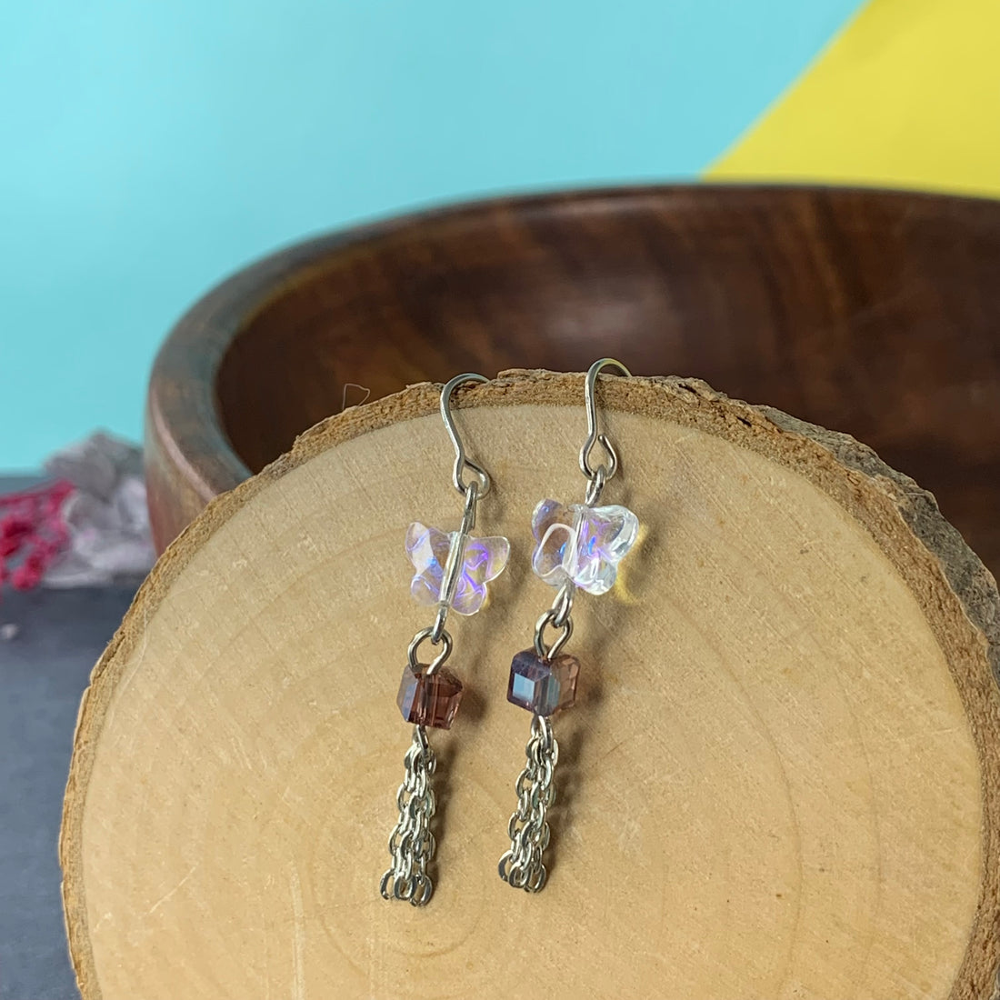 Glass butterfly hanging earrings