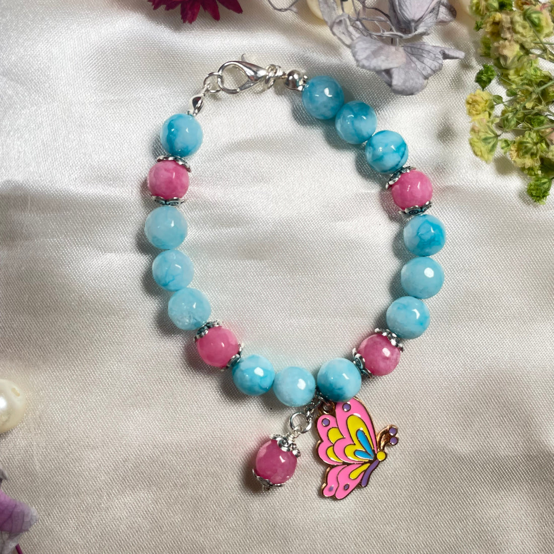 Real agates stone blue and pink bracelet with butterfly charm