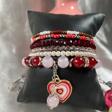 Red stack bracelet set of 6 piece with charms