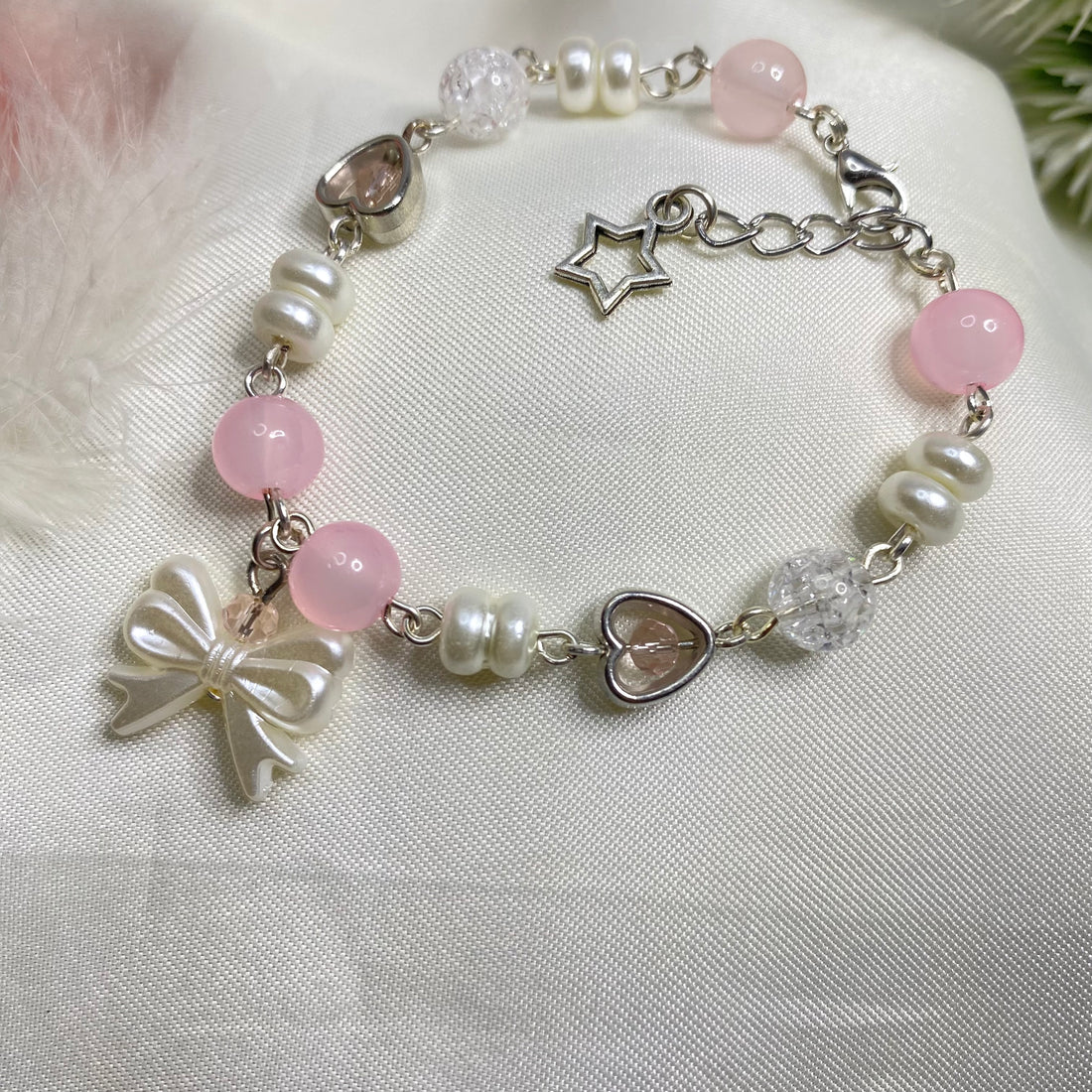 Pink bead with Pearl & bow fairy beads charms bracelet