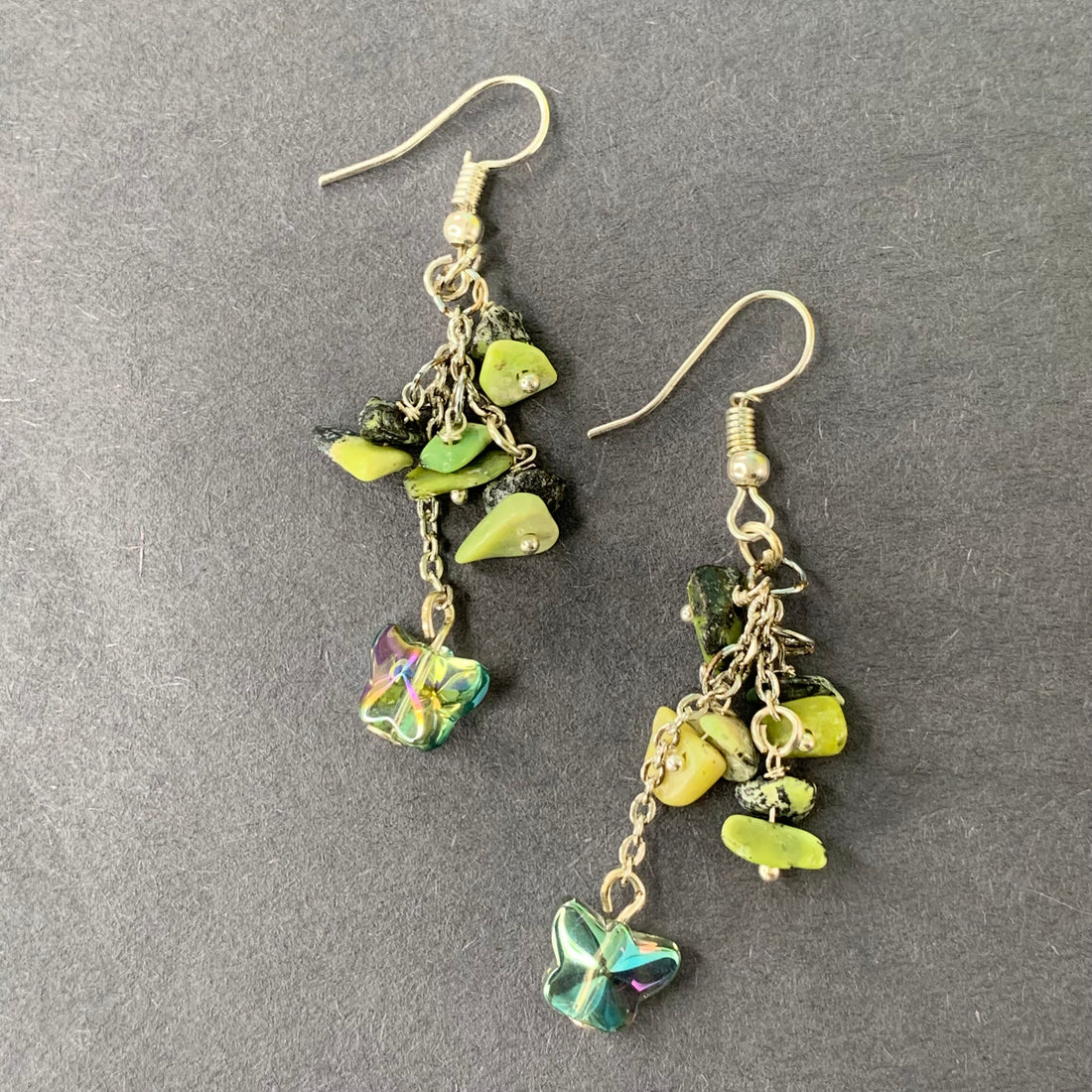 Greenish and radium glass butterfly charm with chip beads earrings