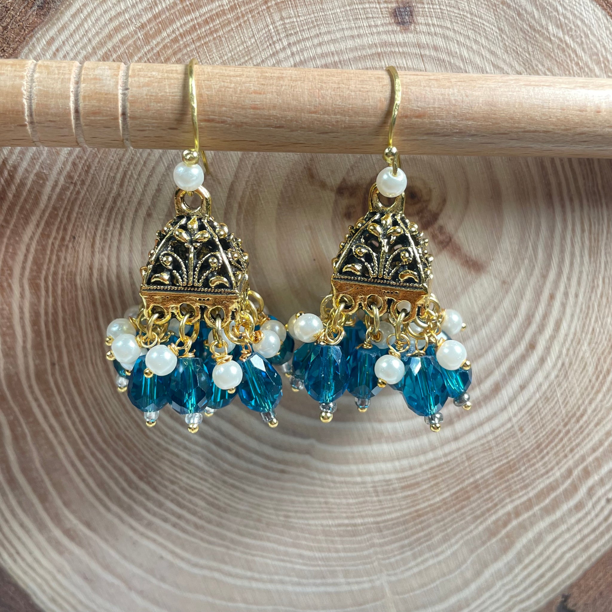 Jhumka golden Made with Blue and pearl beads