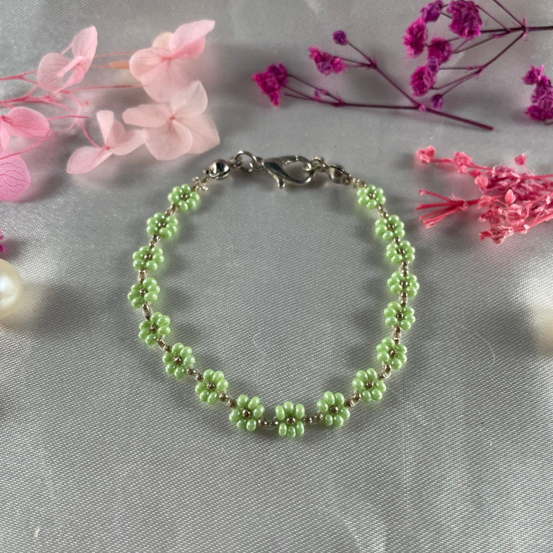 Daisy Flowers bracelet| Parrot green Colour with Silver bead finishing