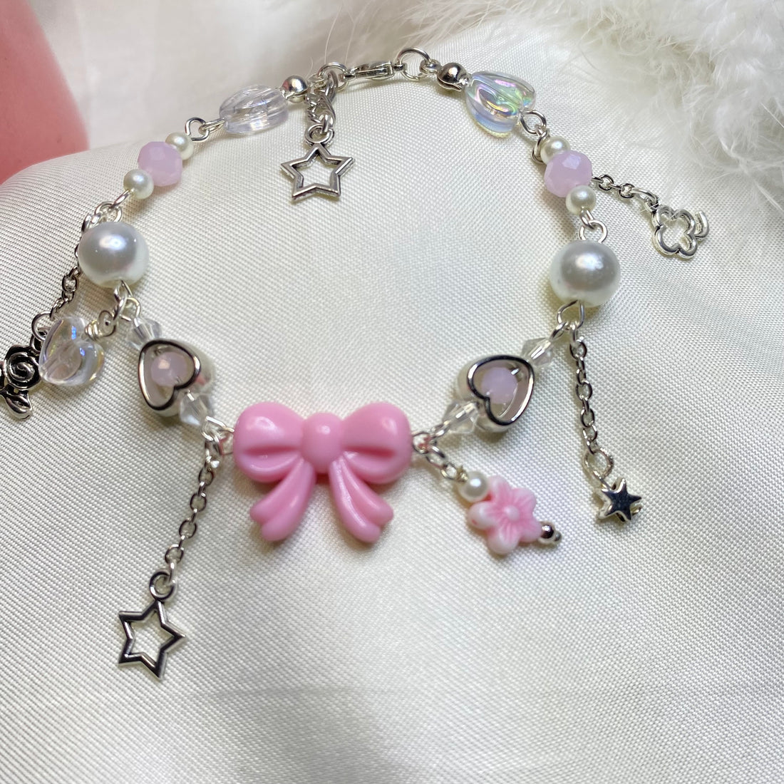 Light Pink Bow with Beads and charms bracelet | fairy Design