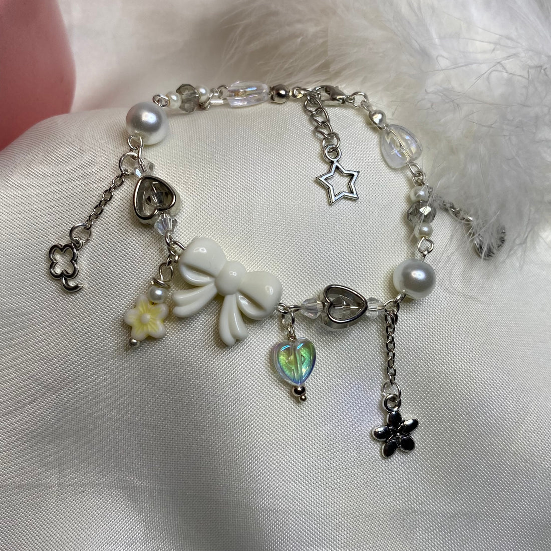 White Bow with Beads and charms bracelet | fairy Design