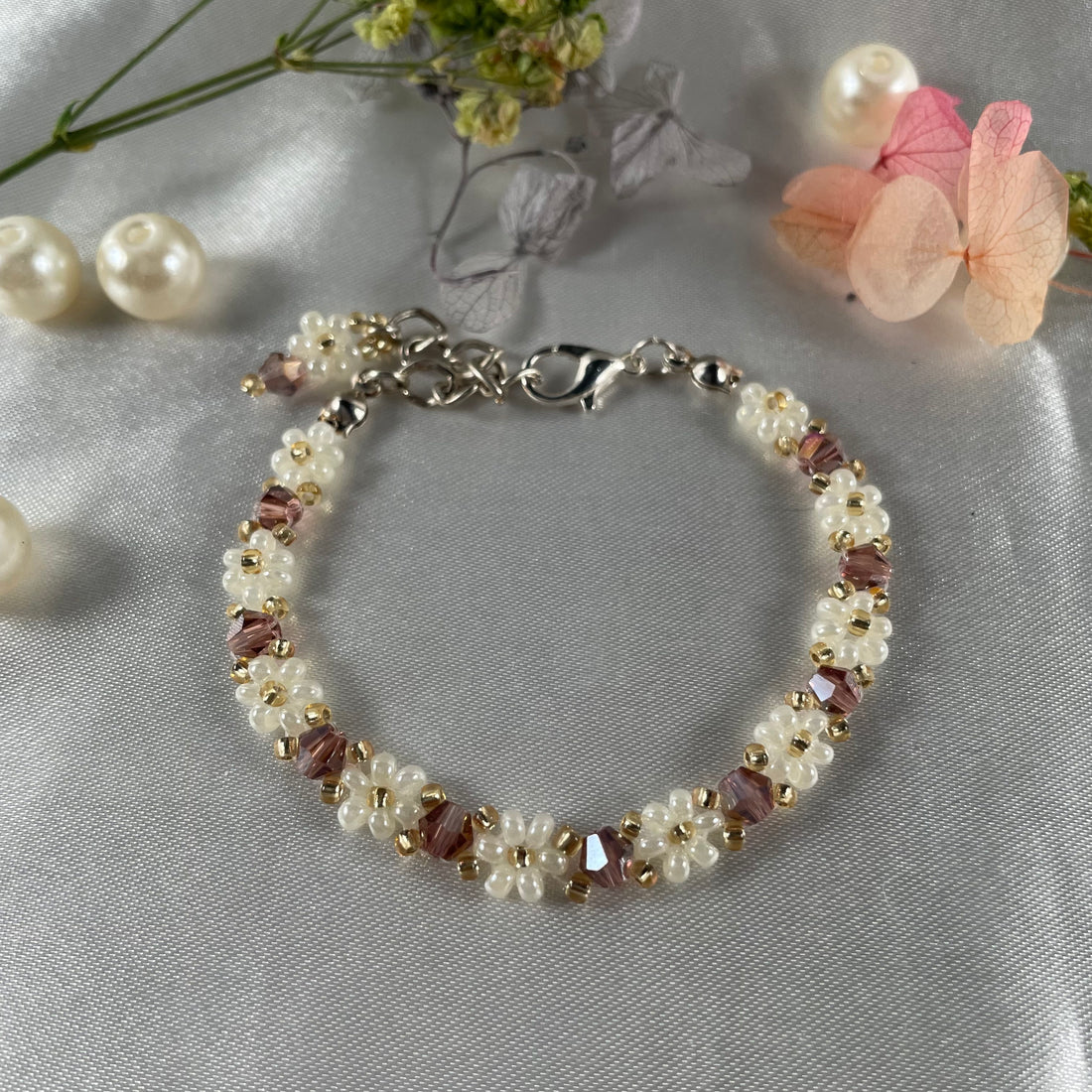 Daisy Flowers bracelet Bicon Crystal| Dark Mauve Crystal and Off-White, Golden beads