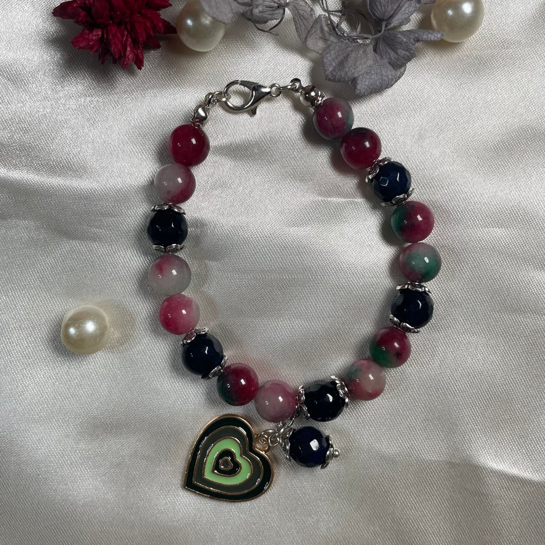 Real agates green and red stone bracelet with heart charm