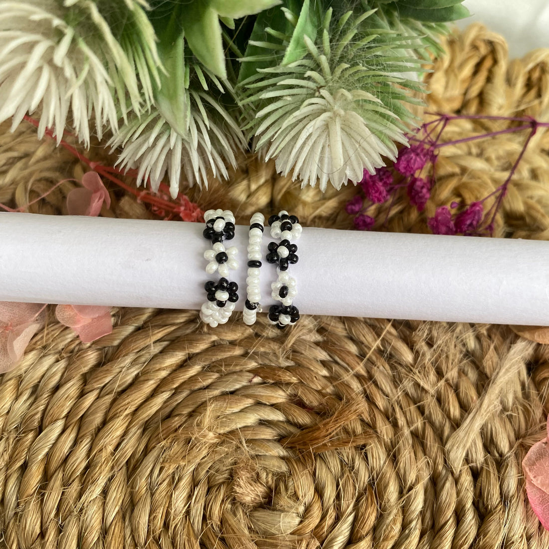 Black and white beaded rings set of 3