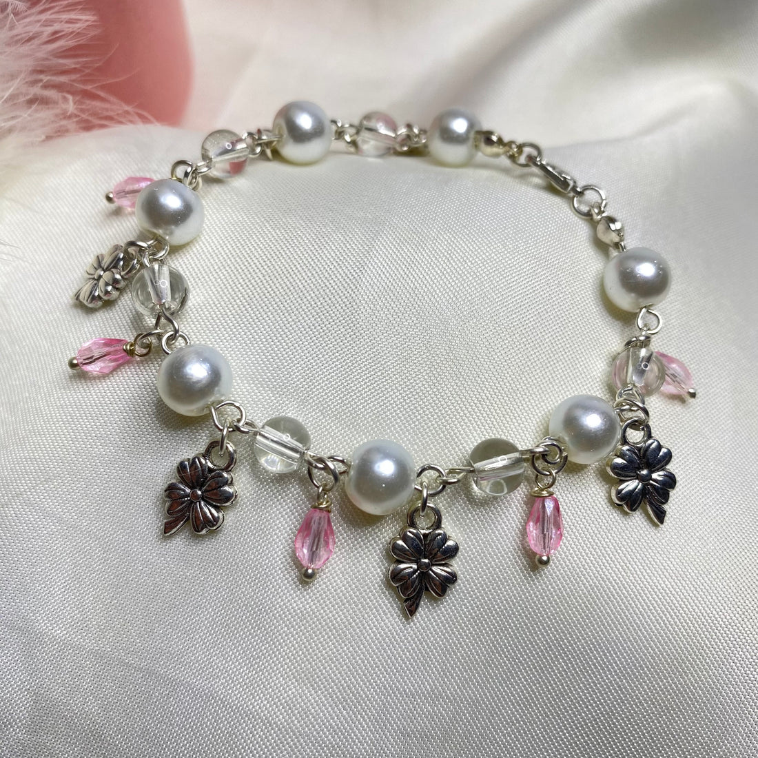 Pink drops beads & pearls with | flowers charms bracelet | fairy design