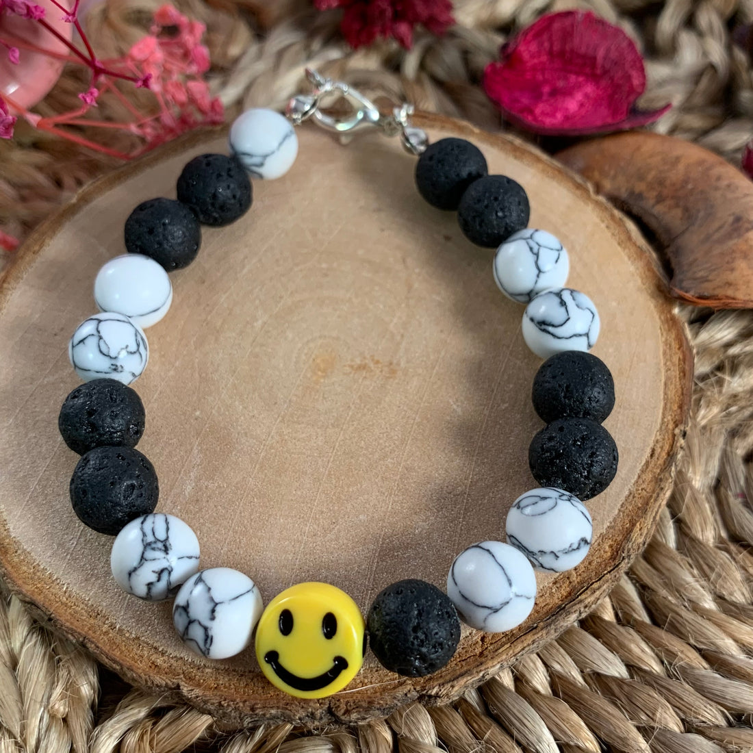 Lava and marble beads bracelet with smiley charm