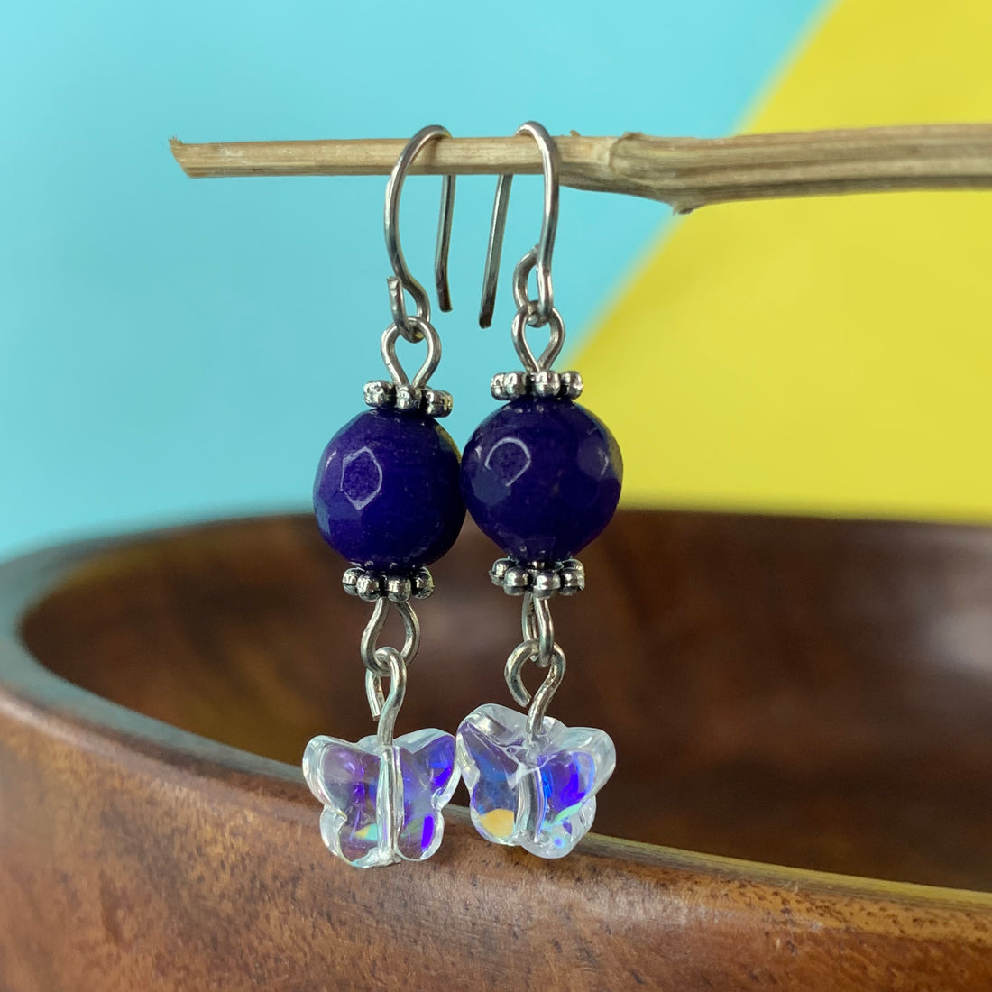 Navy blue real agate beads with glass butterfly charm earrings