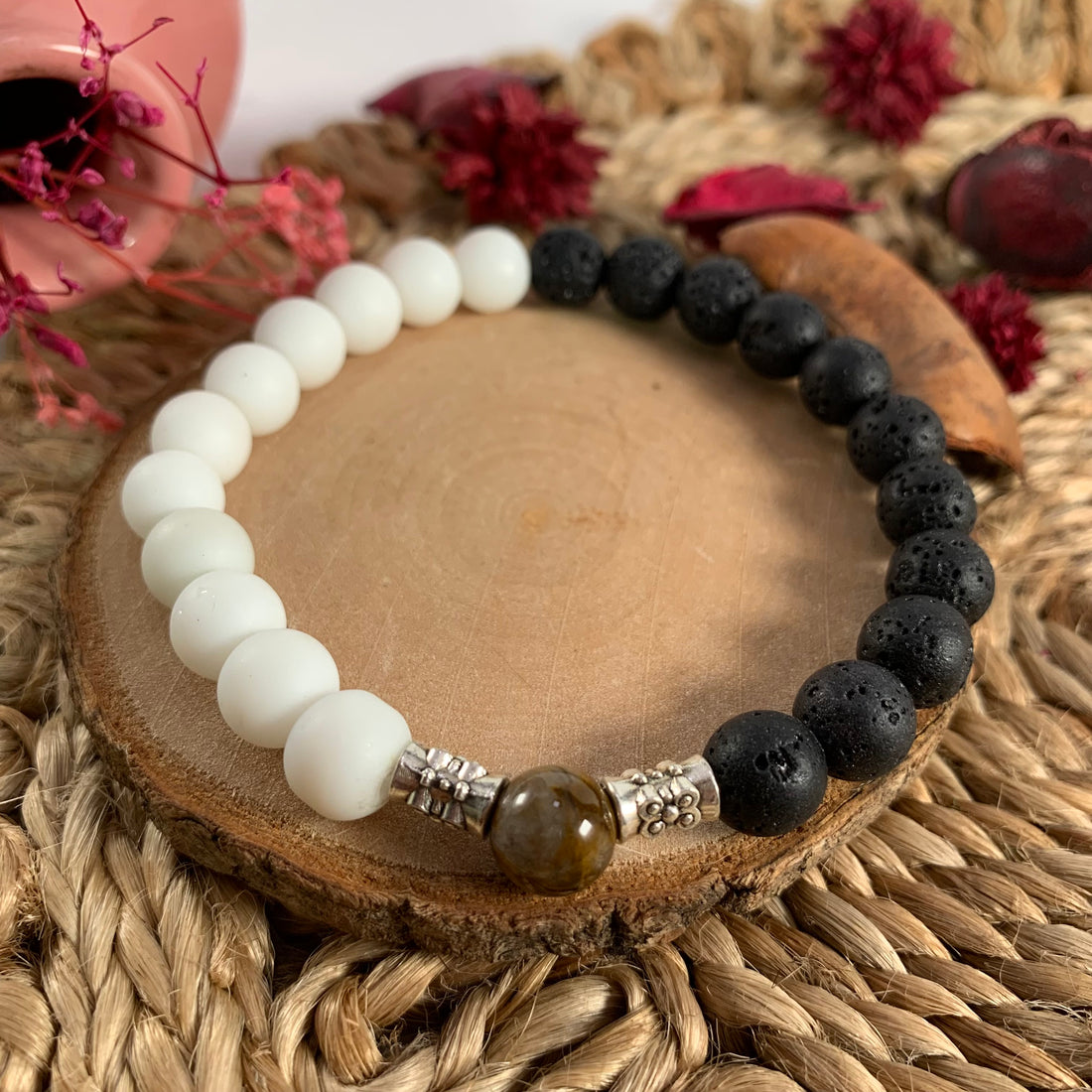 Lava and mate beads bracelet with tiger eye bead in middle