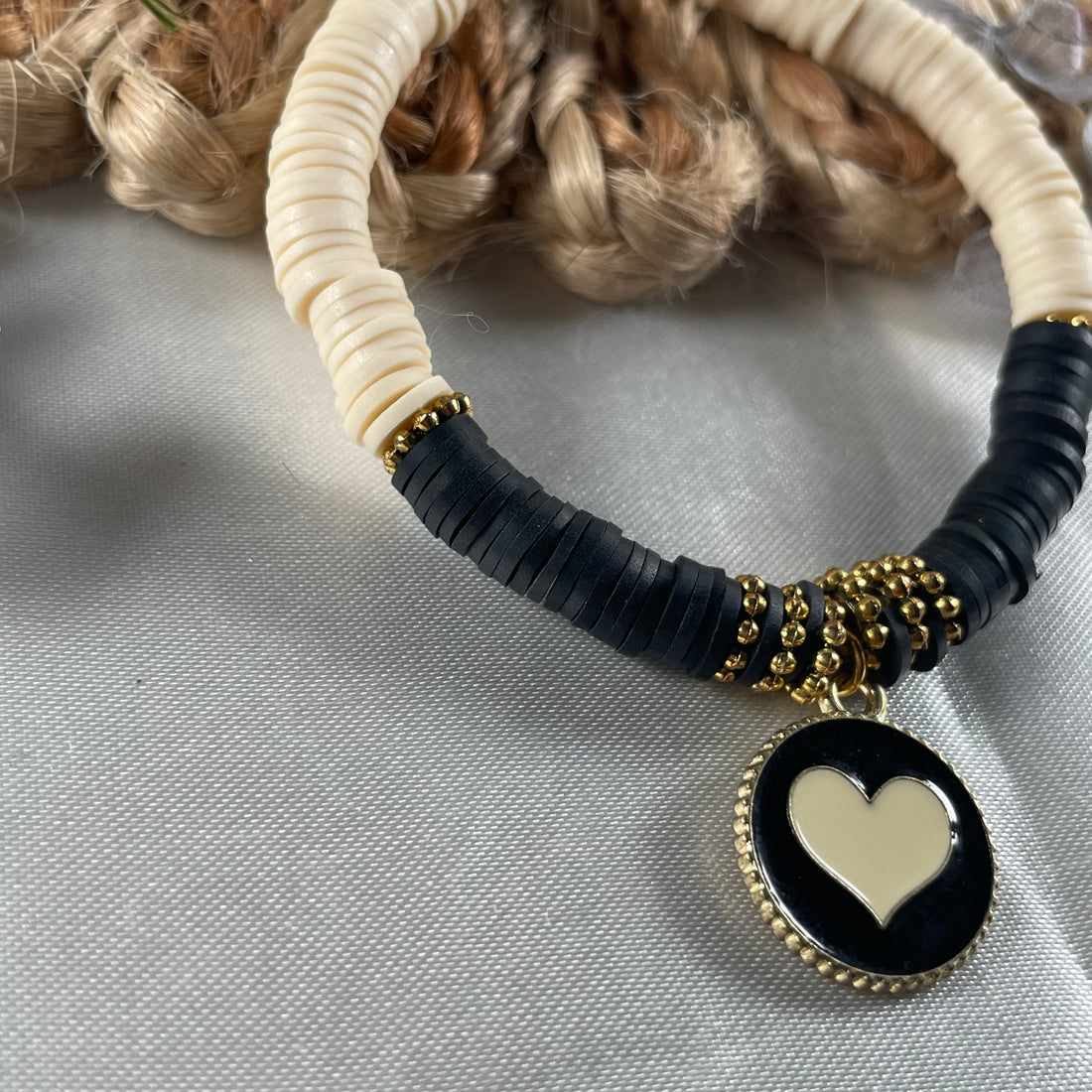 Premium cream and black fimo bead bracelet with heart charm