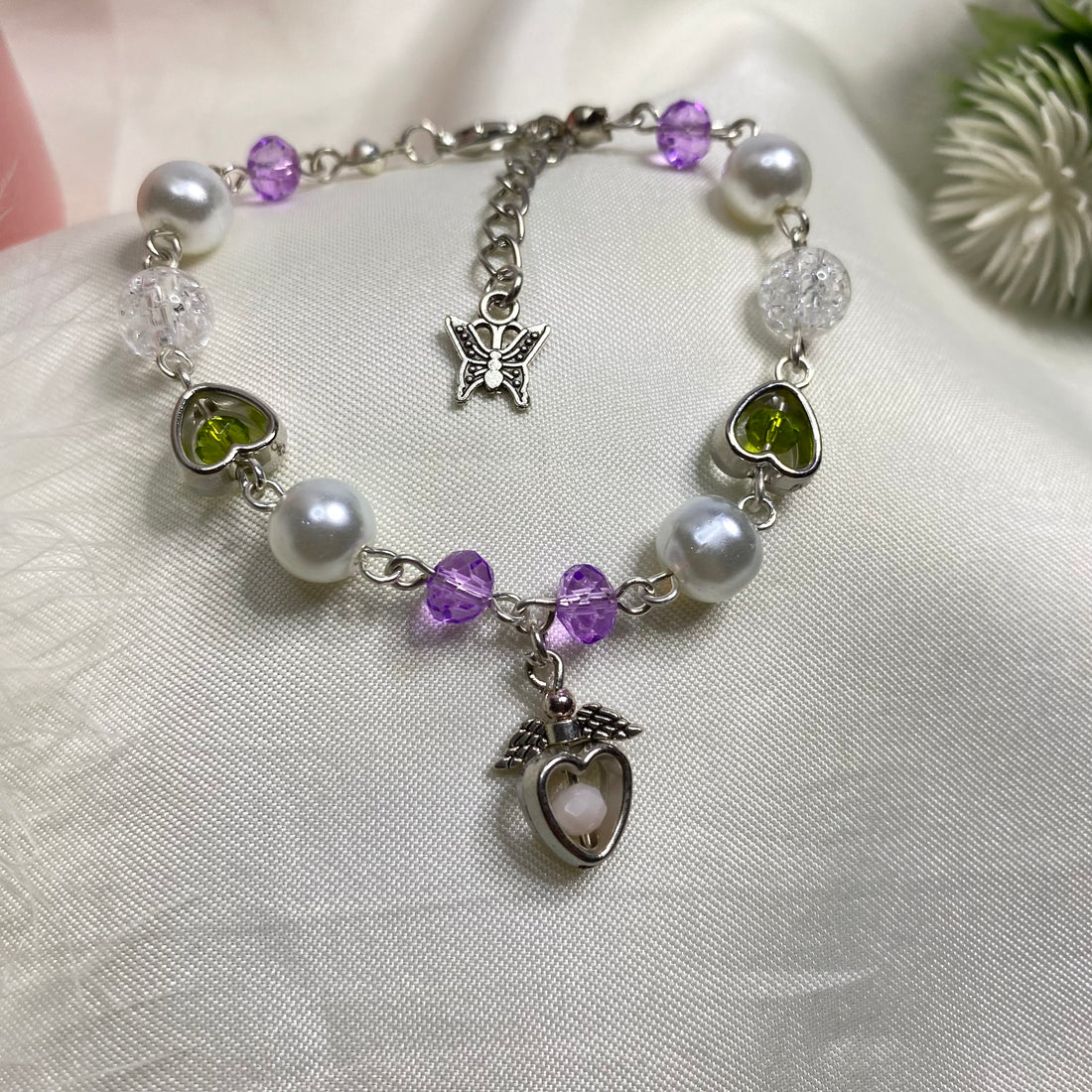 Purple with green blend with pearls | beads charms bracelet | fairy design