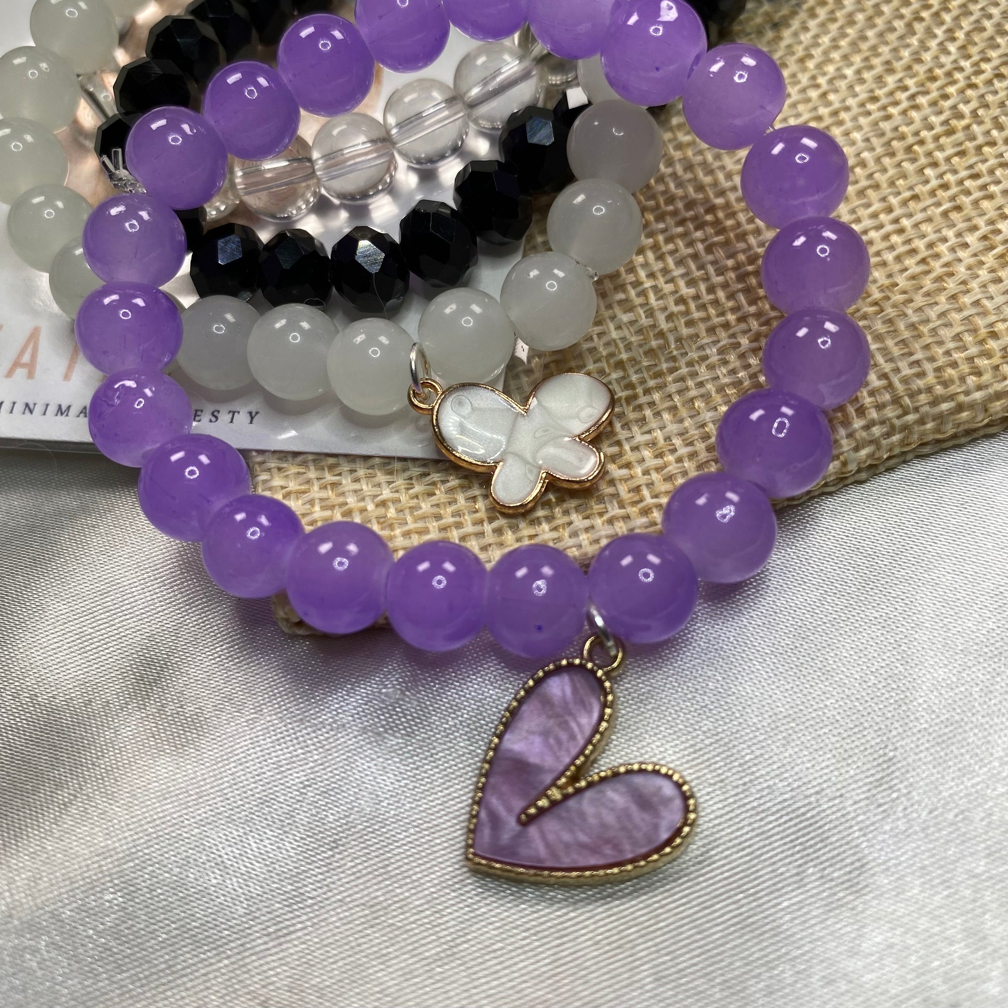 Stack Bracelets| Purple and Black bead with Chrams