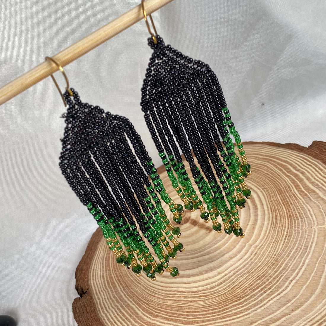 Fringe earrings made with seed beads Black and Green golden finishing design | Handmade