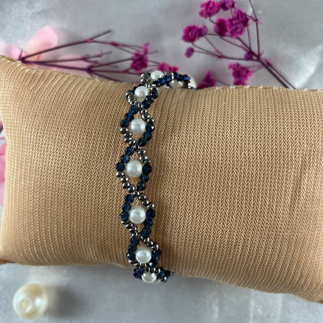 Bracelet, made with Navy blue Hydro beads, Pearl white and Silver Seed beads Finishing