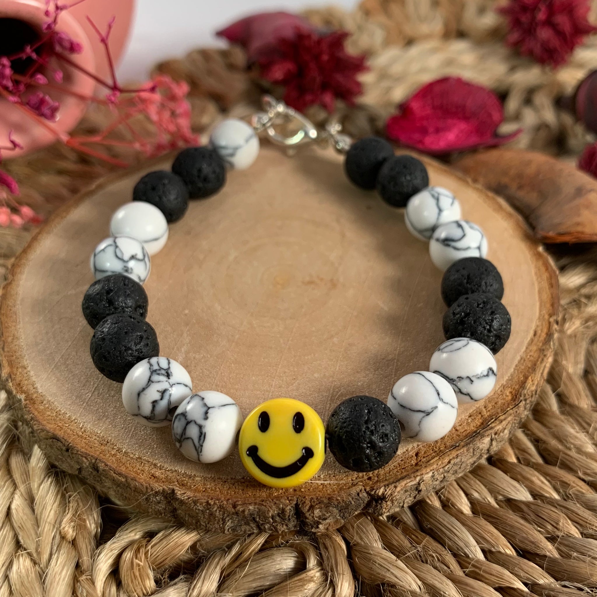 Lava and marble beads bracelet with smiley charm