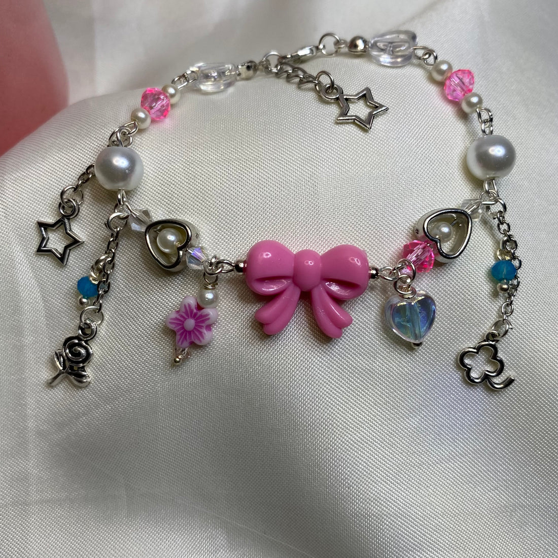 Pink Bow with Beads and charms bracelet | fairy Design