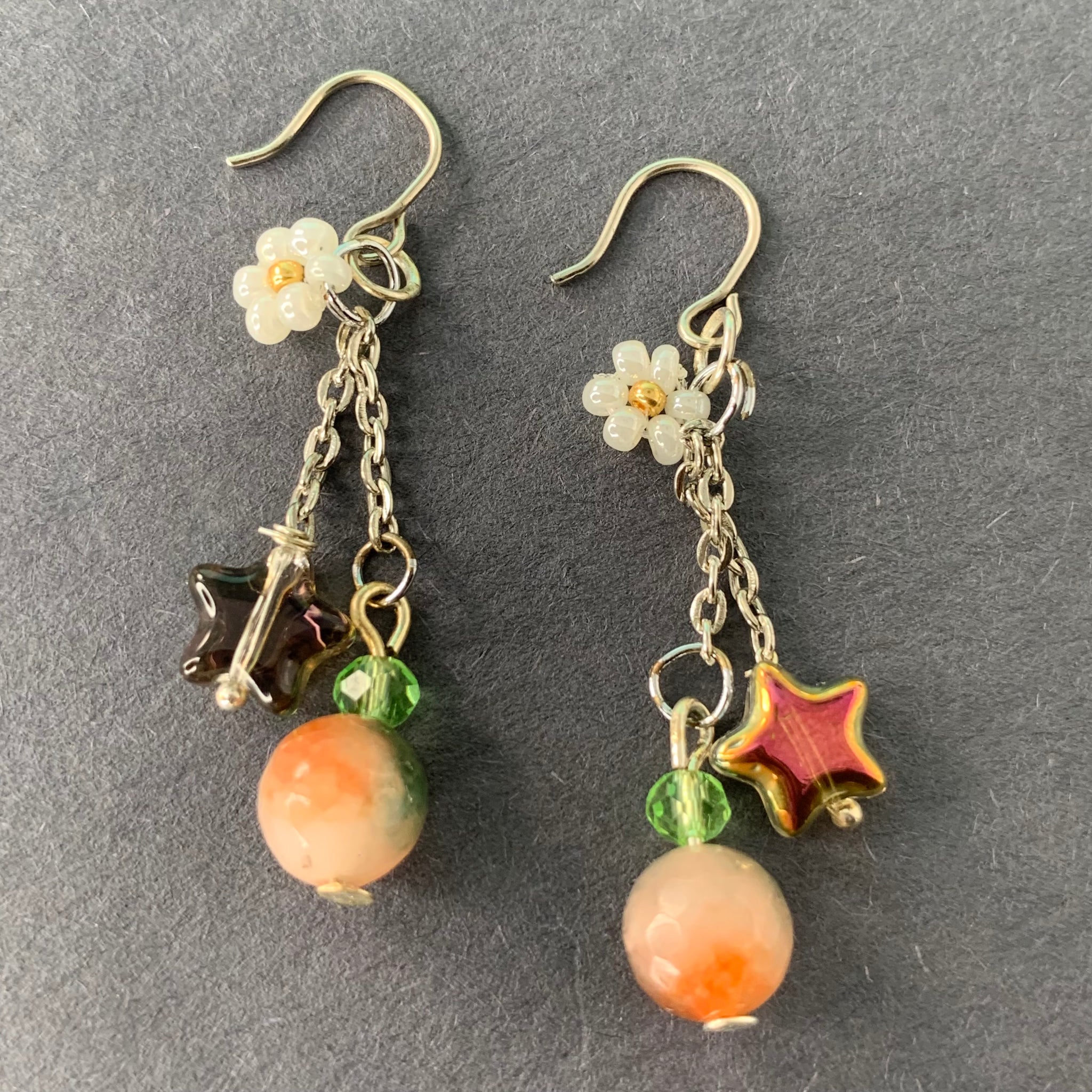 Real agates beads and daisy beads bracelet with glass star charm earrings