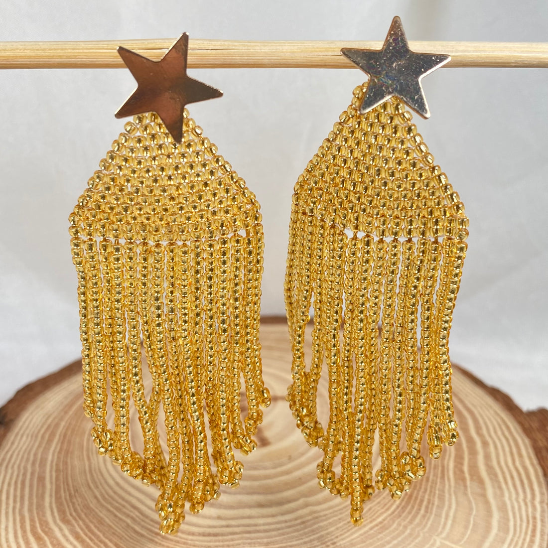 Fringe earrings made with golden silver line seed beads | Handmade