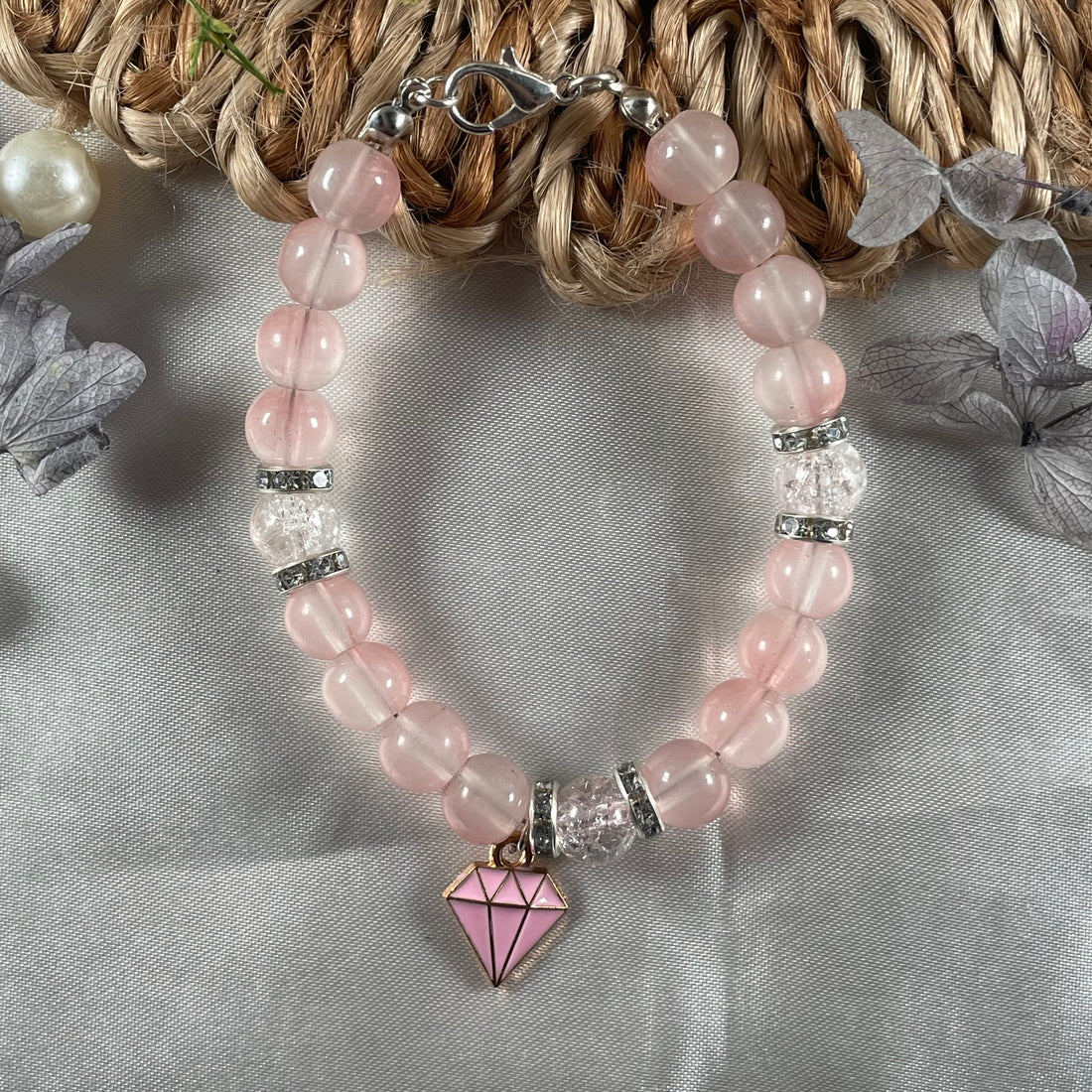 Premium crack and peach jelly bead bracelet with pink diamond charm