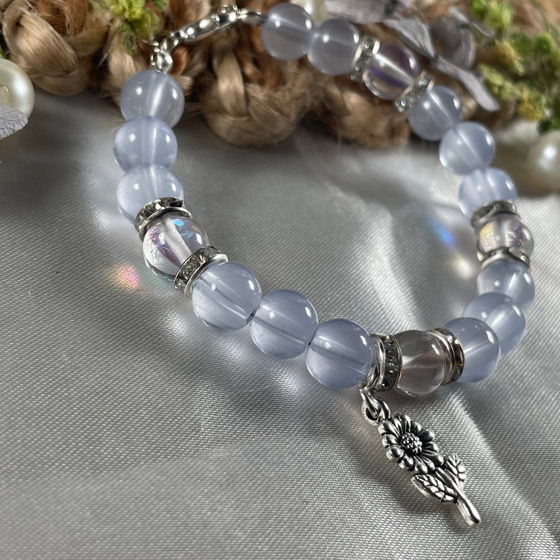 Premium aura and jelly bead bracelet with metal charm