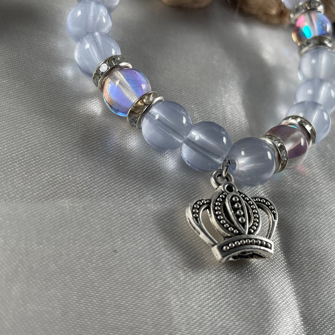 Premium ice blue aura and jelly bead bracelet with crown charm