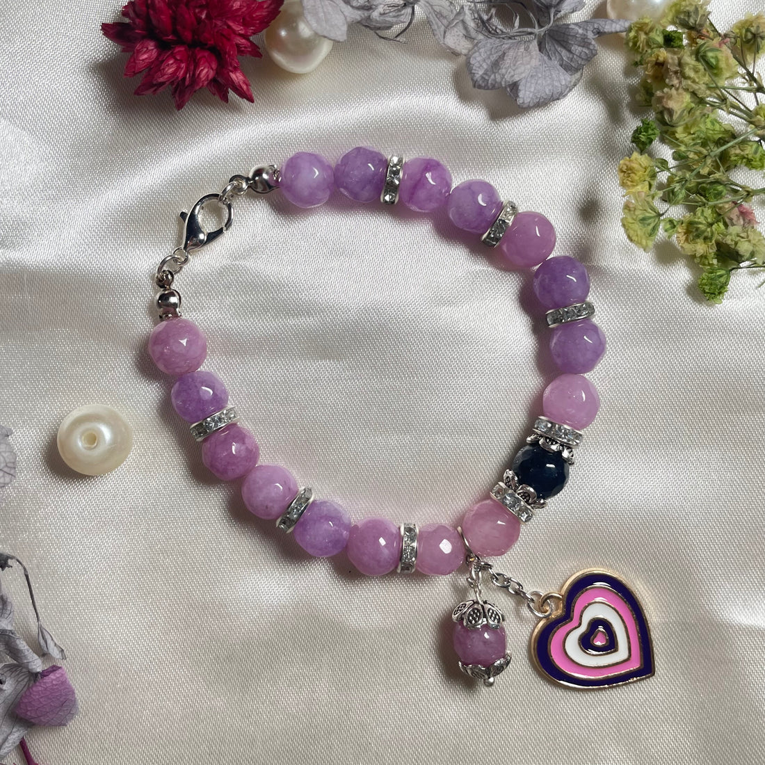 Real agates stone purple bracelet with heart charm