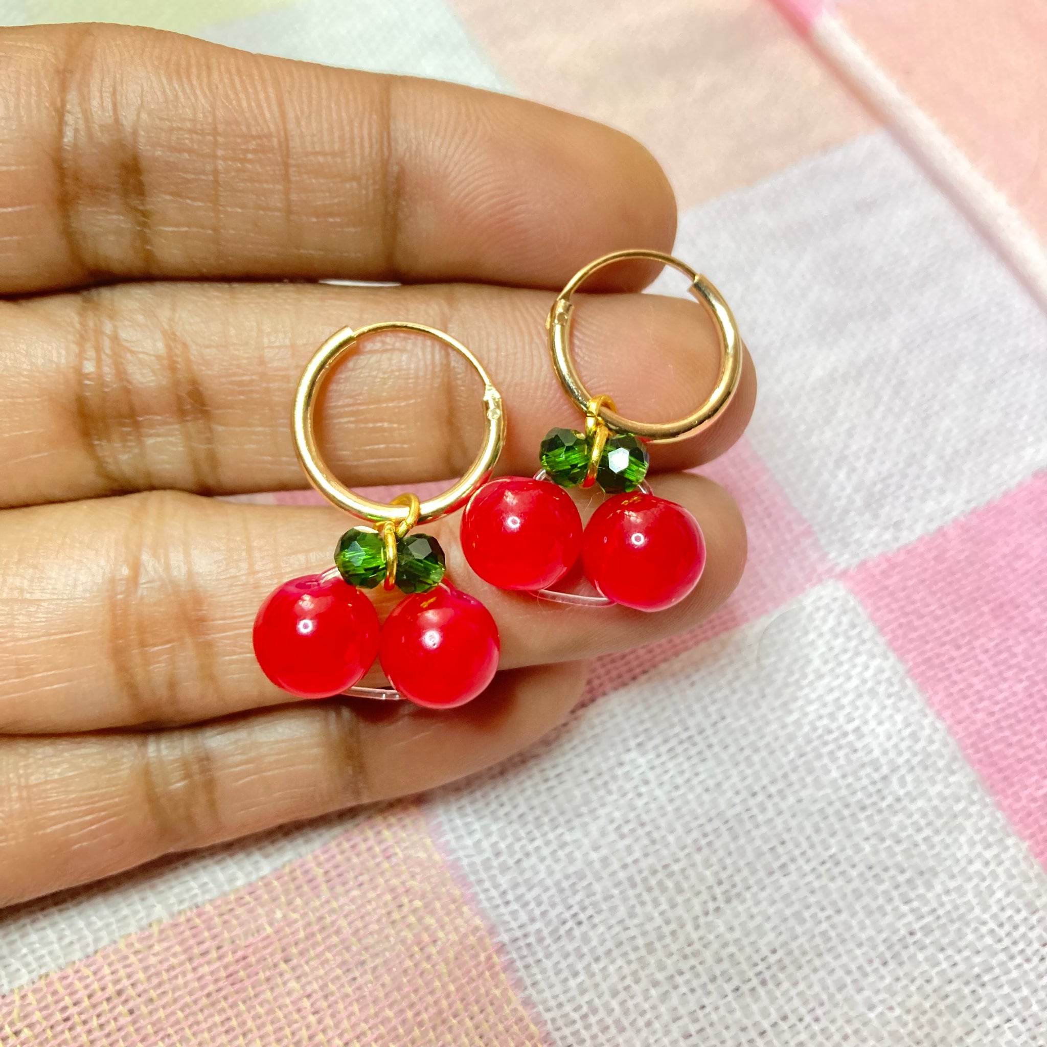 Sweet Cherry Bliss: Adorable Gold Hoop Earrings with Red Bead