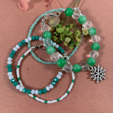Green & white Stack Bracelets set of 4 with charms