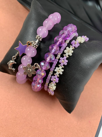 Purple Daisy Stack Bracelet Set of 4 whith 3 Charms