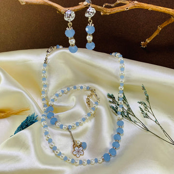 Blue pearl and crystal necklace set with earrings and bracelet