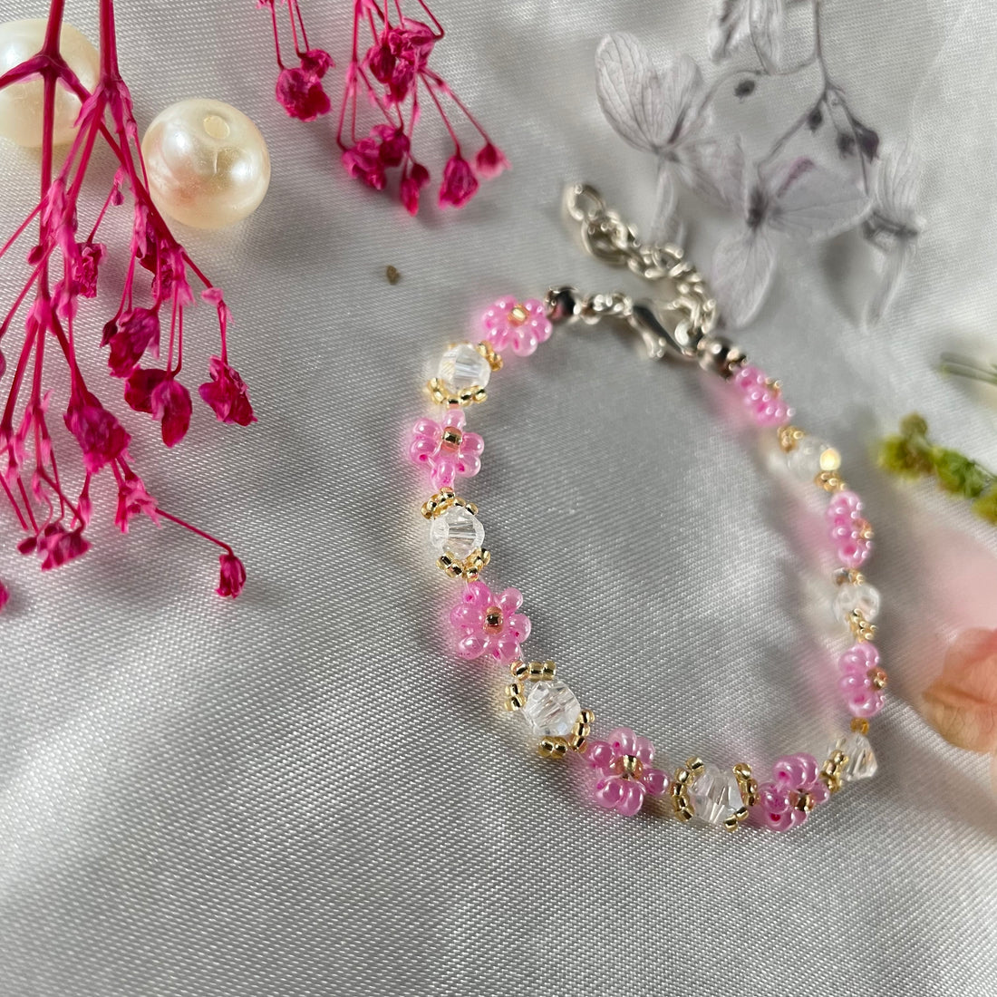 Daisy Flowers bracelet Bicon Crystal | Transparent crystal, pink seed beads